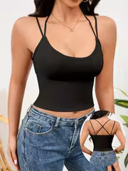 Women's Elegant Black Tank Top with Built-In Bra and Adjustable Spaghetti Straps.