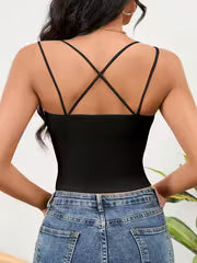 Women's Elegant Black Tank Top with Built-In Bra and Adjustable Spaghetti Straps.