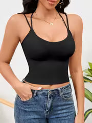 Women's Elegant Black Tank Top with Built-In Bra and Adjustable Spaghetti Straps.